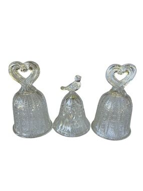 Vintage Clear Glass Decorative Bells with Heart and Bird Handles Avon